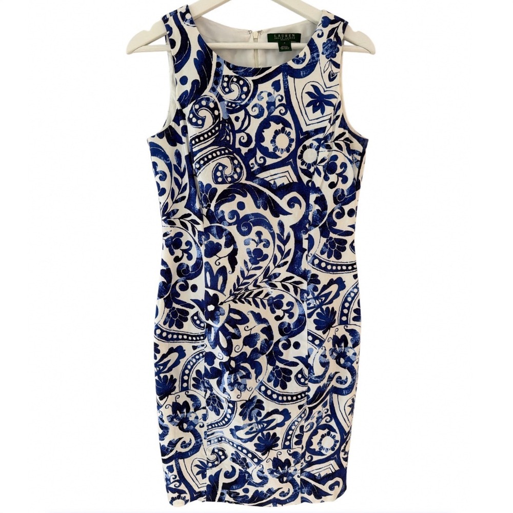 Lauren Ralph Lauren Blue White Baroque Scroll Print Sheath Dress Sz 6 Sleeveless
